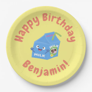 Prato De Papel Cartoon de cartonagem de leite feliz e bonito