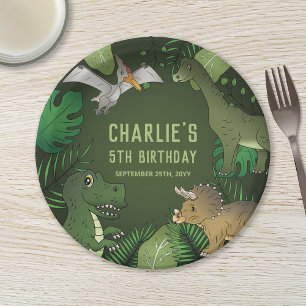 Prato De Papel Cartoon Dinossauro Desenha Com Plantas Aniversário