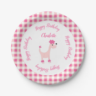 Prato De Papel Cartoon poodle rosa Posh Paws aniversário gingham