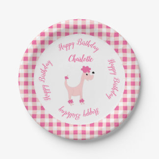 Prato De Papel Cartoon poodle rosa Posh Paws aniversário gingham