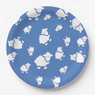 Prato De Papel Cartoons bonitos Ovinos em fundo azul