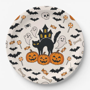 Prato De Papel Casa Assombrada do Gato Preto e Abóbora de Hallowe