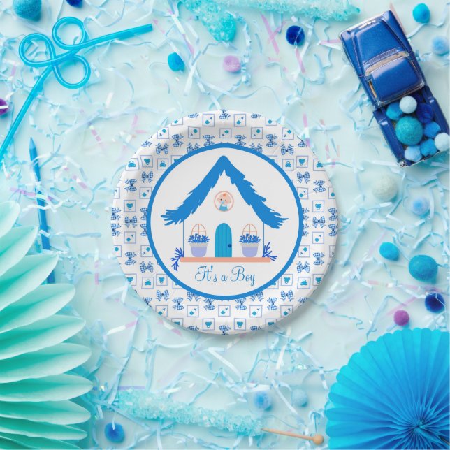 Prato De Papel Casa Azul Personalizada É um Chá de fraldas (Festa)