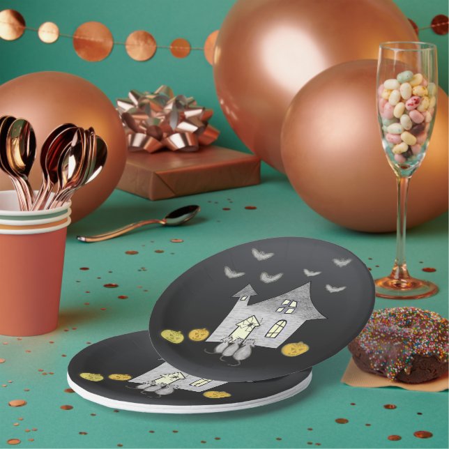 Prato De Papel Casa De Halloween, Gatos Pretos, Morcegos (Múltiplo)