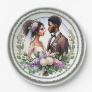 Prato De Papel Casal De Casamento Africano-Americano Floral