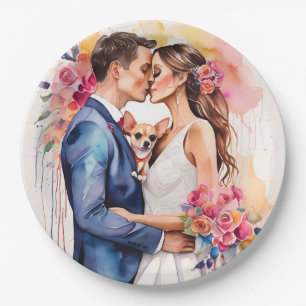 Prato De Papel Casal de Noivos Bonito com um Cachorrinho Engraçad