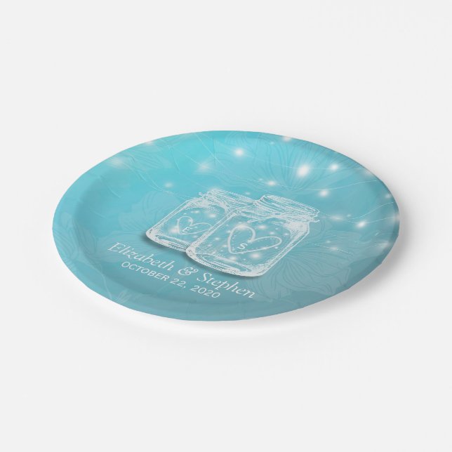 Prato De Papel Casal Mason Jar String Luz Azul Casamento Floral (Inclinado)