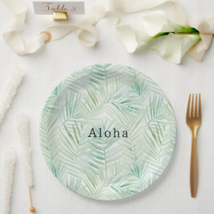 Prato De Papel Casamento Aloha de Folhas Tropicais Verdes