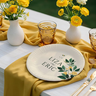 Prato De Papel Casamento Amarelo Elegante de Árvore Floral do Lem