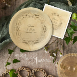 Prato De Papel Casamento Antiquado Vintage Calliographic Scrollwo