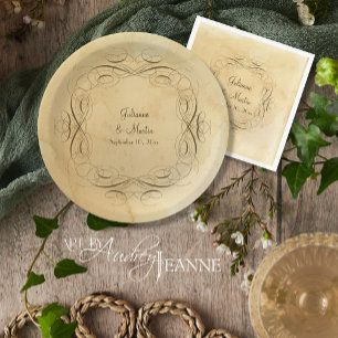 Prato De Papel Casamento Antiquado Vintage Calliographic Scrollwo