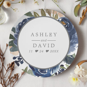 Prato De Papel Casamento Aquarela Padrão Floral Azul Marinho