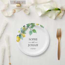 Prato De Papel Casamento azul-branco-limão floral elegante