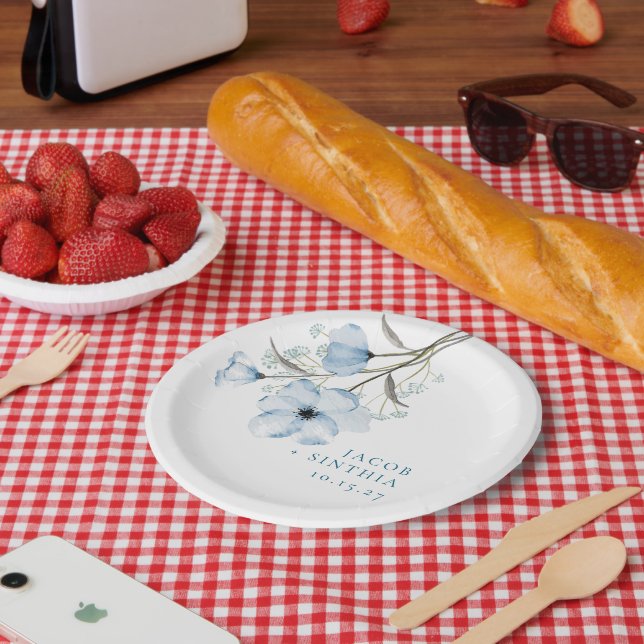 Prato De Papel Casamento Azul de Dusty Chic Elegante Moderno (Piquenique)