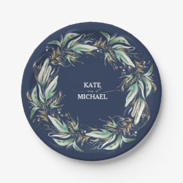 Prato De Papel Casamento Azul de Marinho Verde e Folha Dourada