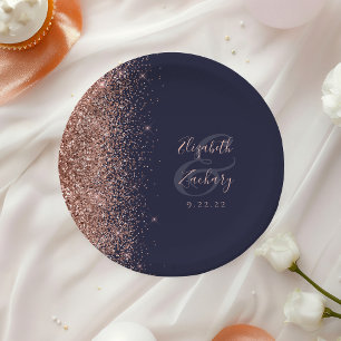 Prato De Papel Casamento Azul Escuro-Escuro com Rosa Dourado Mode