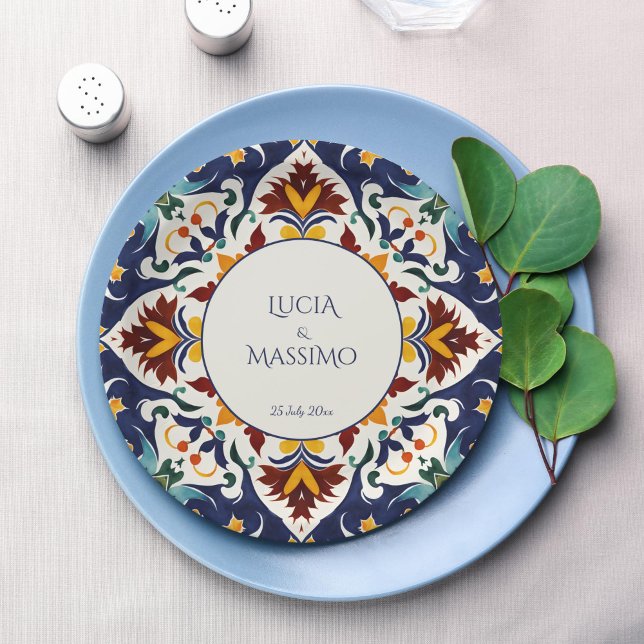 Prato De Papel Casamento azul-mediterrânico Azulejo impresso (Azulejo blue Mediterranean Morocco wedding monogram printed Paper Plates personalized table decor)