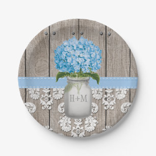 Prato De Papel Casamento azul Monogrammed do Hydrangea do frasco