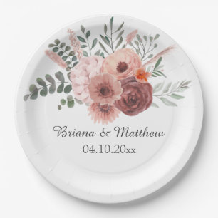 Prato De Papel Casamento Bege com Aquarela Floral