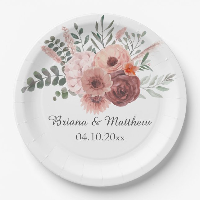 Prato De Papel Casamento Bege com Aquarela Floral (Frente)