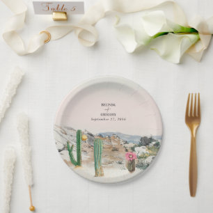 Prato De Papel Casamento Boho Cacto Deserto Aquarela