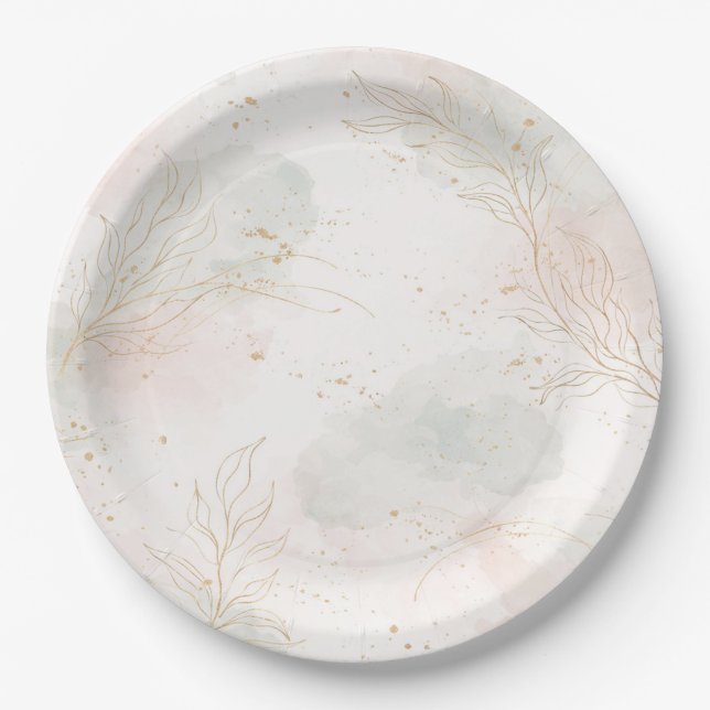 Prato De Papel Casamento Botânico com Sage Dourado e Rosa Blush (Frente)