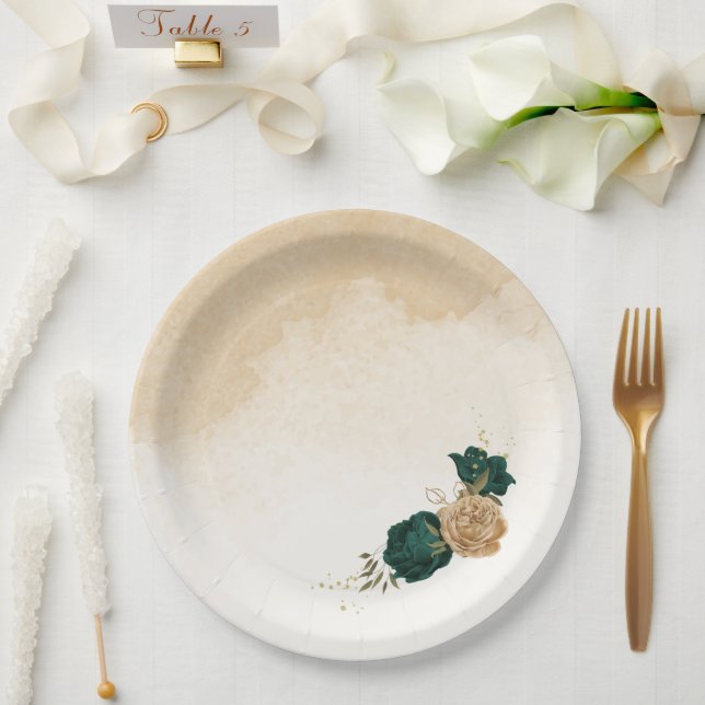 Prato De Papel Casamento botânico de ouro verde-esmeralda (Casamento)