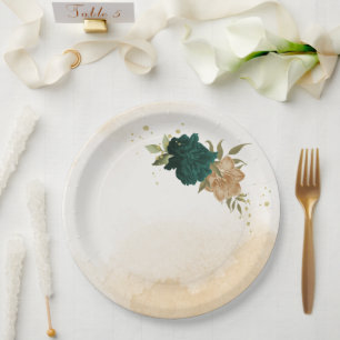 Prato De Papel Casamento botânico de ouro verde-esmeralda