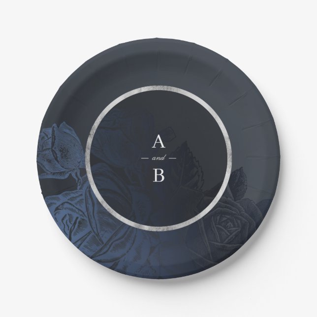 Prato De Papel Casamento botânico de prata-marinho Luxe (Frente)