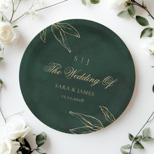 Prato De Papel Casamento Botânico Dourado Verde Emerald