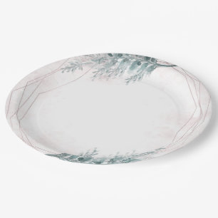 Prato De Papel Casamento Botânico Geométrico em Aquarela Rosa Beg