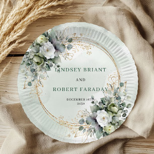 Prato De Papel Casamento Botânico Personalizado Boho Verde Dourad
