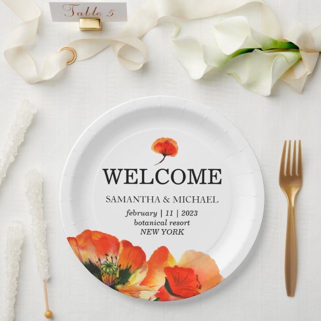 Prato De Papel Casamento Branco Vermelho de Flor Poppy (Casamento)