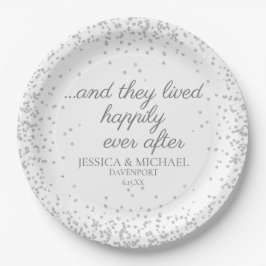 Prato De Papel Casamento Brilho Prata Branco Felizes para Sempre