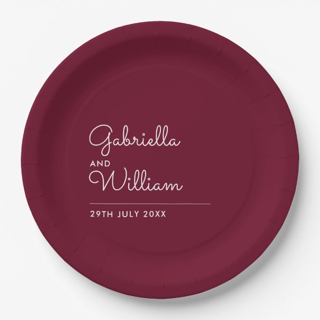Prato De Papel Casamento Burgundy com Script Simples e Elegante (Frente)