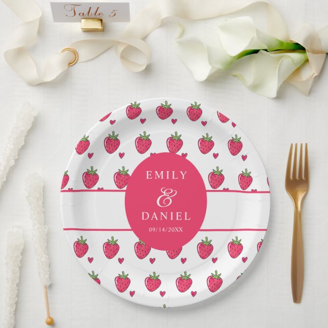 Prato De Papel Casamento Caprichoso de Morango Rosa (Casamento)