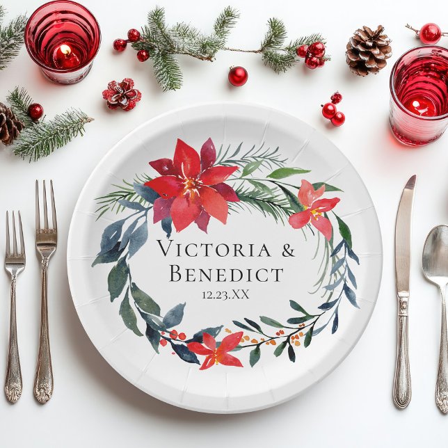 Prato De Papel Casamento Chic Christmas Poinsettia Floral Wreath (Criador carregado)
