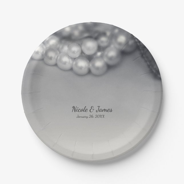 Prato De Papel Casamento Chic Pérolas Elegantes Preto e Branco Vi (Frente)