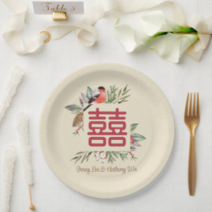 Prato De Papel Casamento Chinês de Dupla Felicidade Moderna