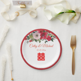 Prato De Papel Casamento chinês moderno floral aquarela rosa verm