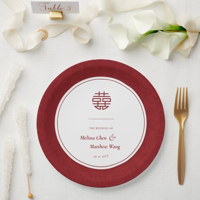 Prato De Papel Casamento Chinês Xi Duplo Padrão Floral Elegante (Casamento)