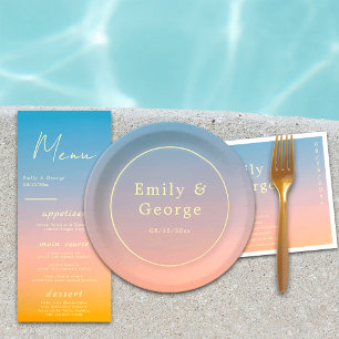 Prato De Papel Casamento Clássico Azul-Laranja Moderno Elegante