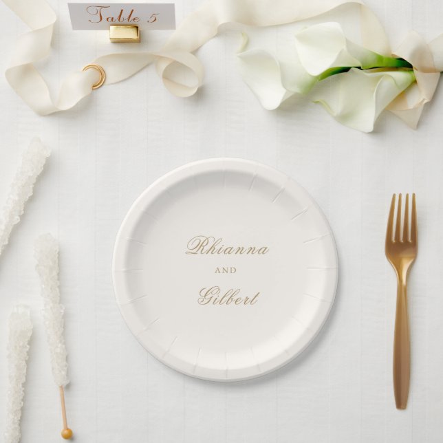 Prato De Papel Casamento Clássico e Atemporal em Marfim e Ouro (Casamento)