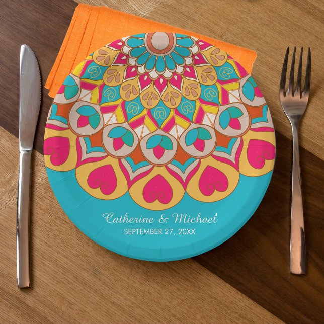 Prato De Papel Casamento Colorido de Mandala Bold & Bright (Criador carregado)