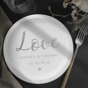 Prato De Papel Casamento Com Amor De Script De Foil De Prata Chic