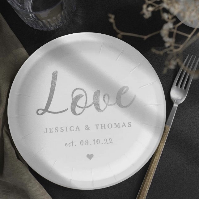 Prato De Papel Casamento Com Amor De Script De Foil De Prata Chic (Criador carregado)