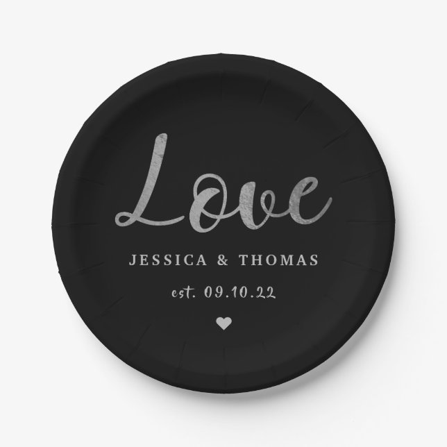 Prato De Papel Casamento Com Amor De Script De Foil De Prata Chic (Frente)