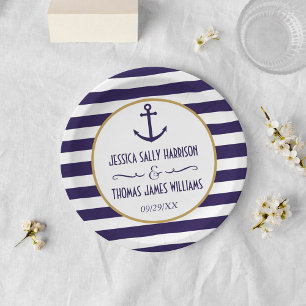Prato De Papel Casamento com Âncora Marinho e Stripe Branca