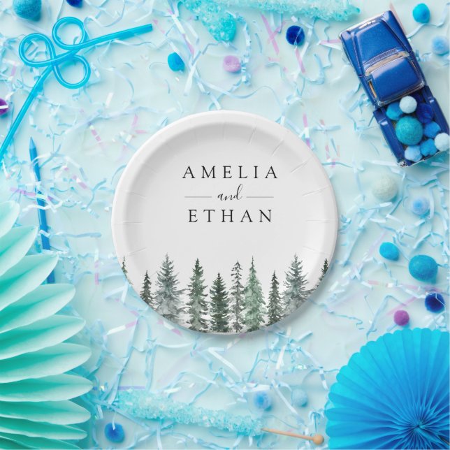 Prato De Papel Casamento com Aquarela Florestal de Inverno (Festa)