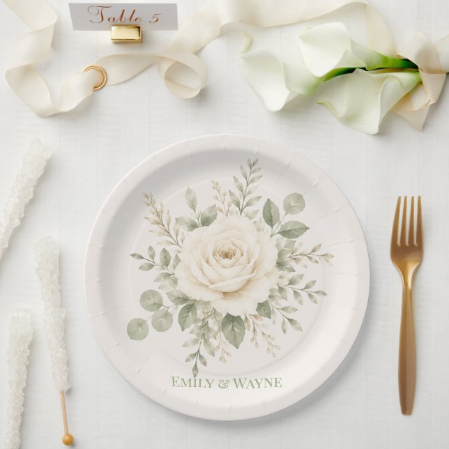 Prato De Papel Casamento com Creme e Verde Sálvia Folhagem (Casamento)